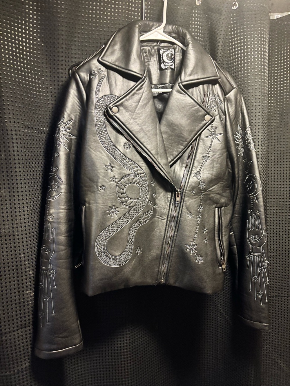 Killstar Black Embroidered Leather Biker Jacket